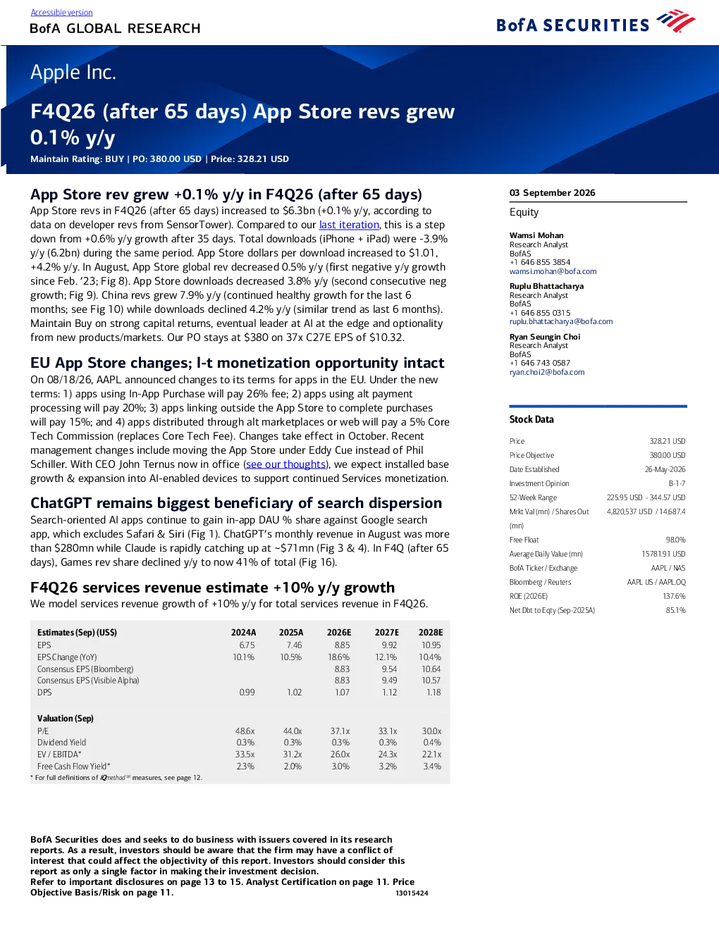 苹果公司F4Q26（65天后）应用商店营收同比增长0.1%