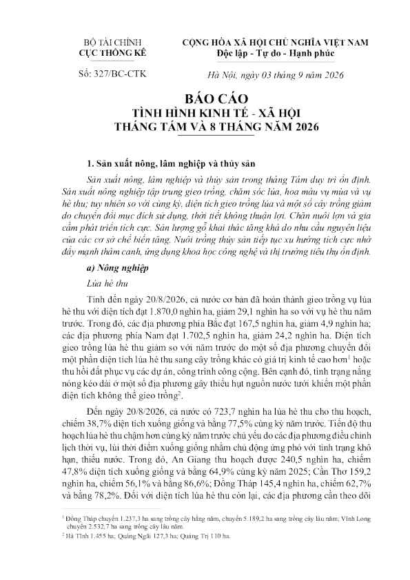 越南2026年8月及前八个月社会经济形势报告