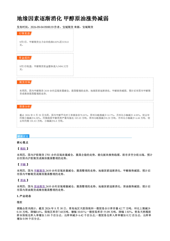 地缘因素逐渐消化 甲醇原油涨势减弱