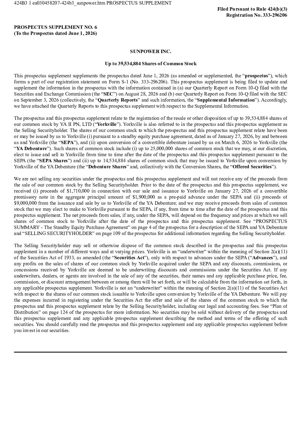 SunPower Inc美股招股说明书(2026-09-04版)