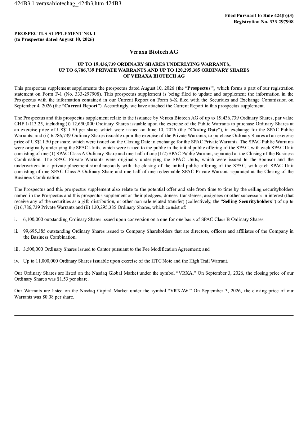 Veraxa Biotech AG美股招股说明书(2026-09-04版)