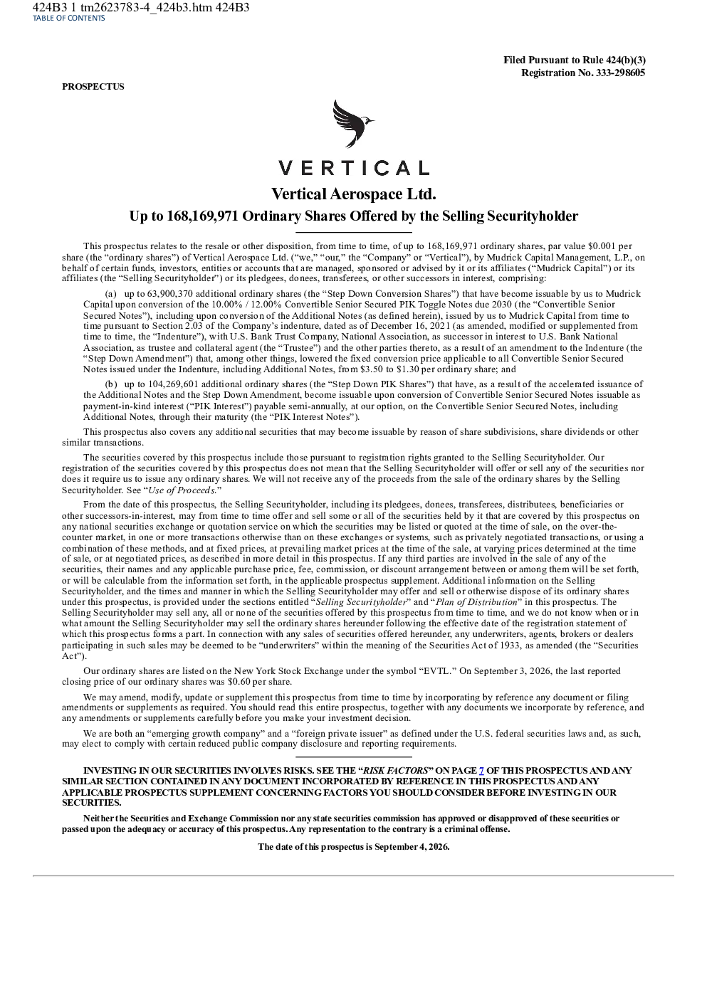 Vertical Aerospace Ltd美股招股说明书(2026-09-04版)