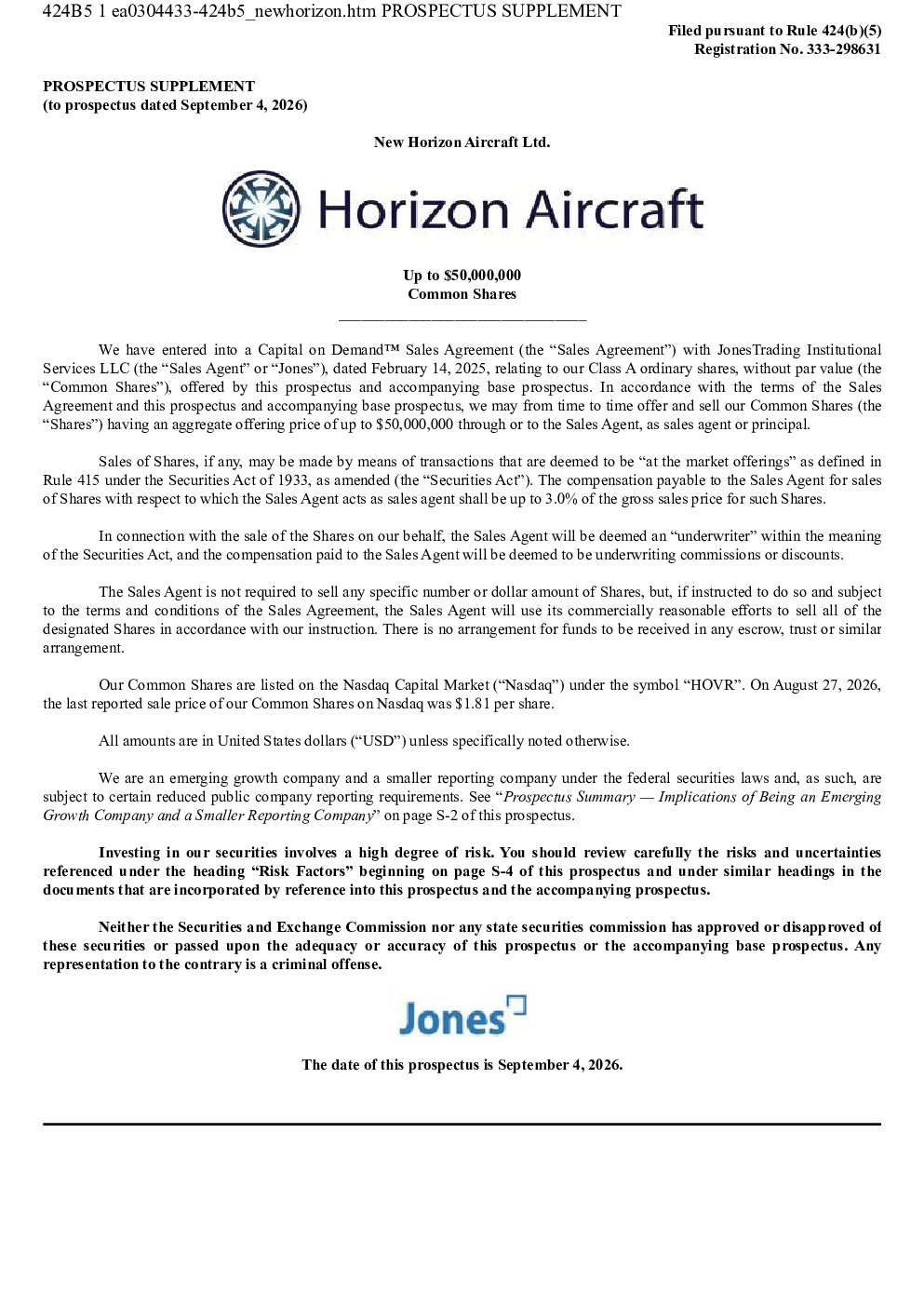 
新地平线航空有限公司美国存托凭证招股说明书（2026年9月4日版）