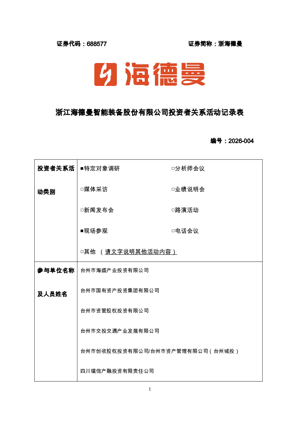 688577 浙海德曼 浙海德曼投资者关系活动记录表202691