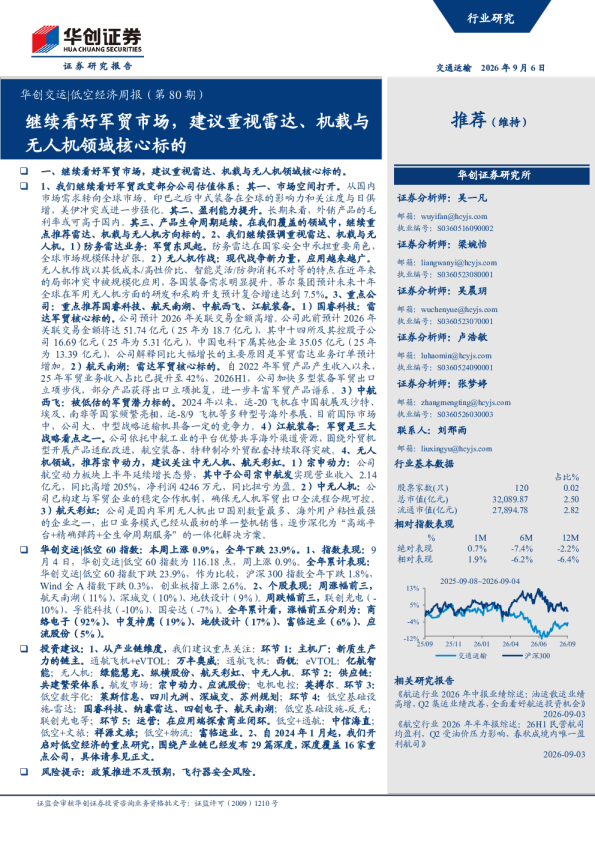 华创交运：低空经济周报（第80期）：继续看好军贸市场，建议重视雷达、机载与无人机领域核心标的