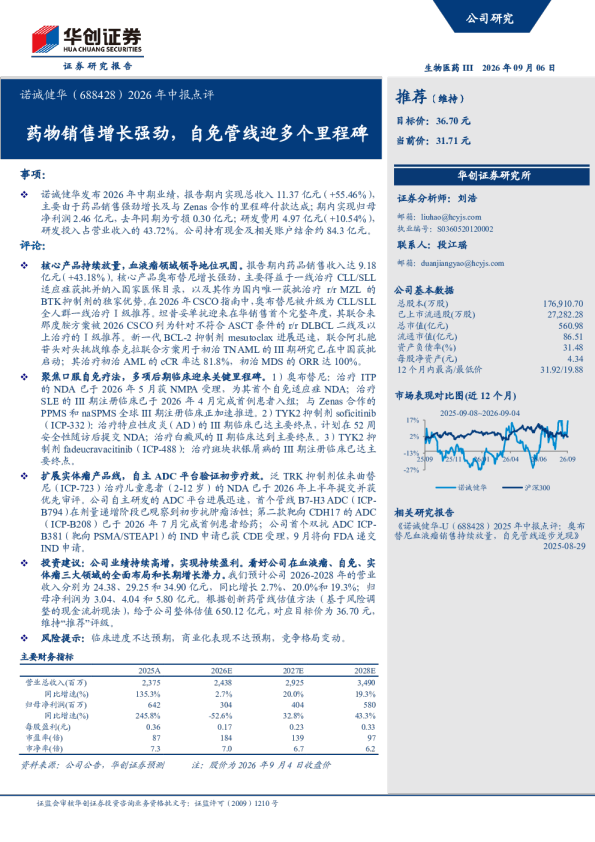 2026年中报点评：药物销售增长强劲，自免管线迎多个里程碑
