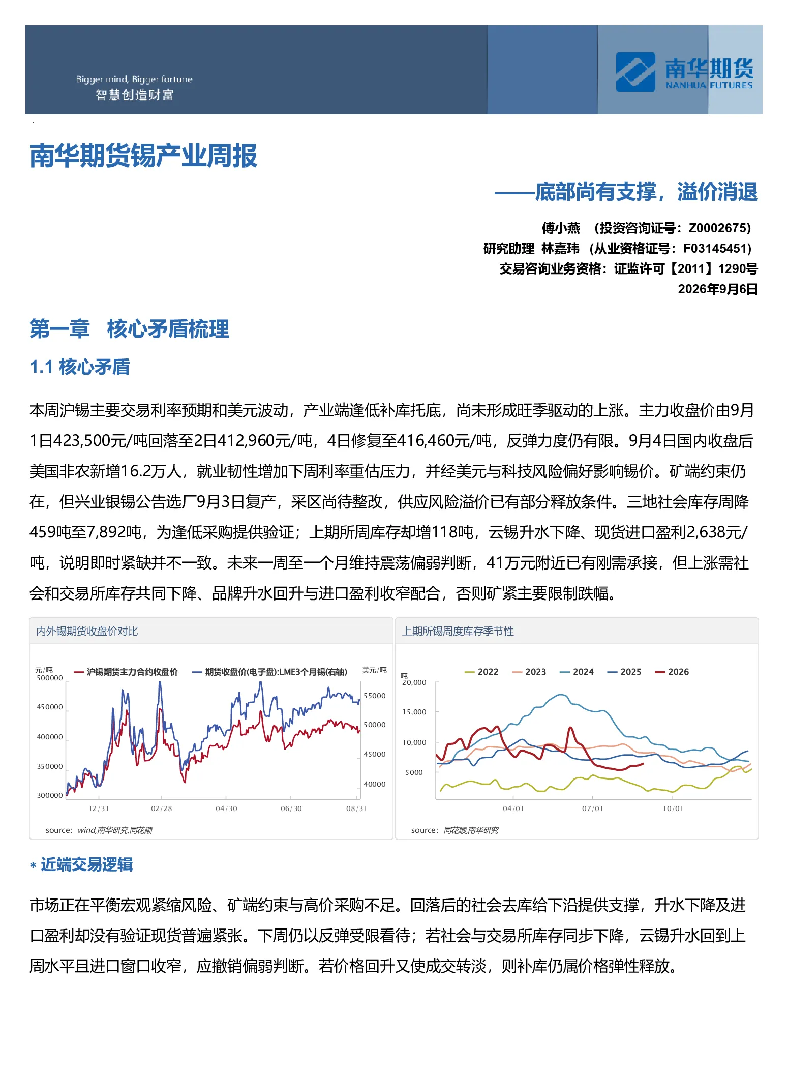 南华期货锡产业周报：底部尚有支撑，溢价消退20260906