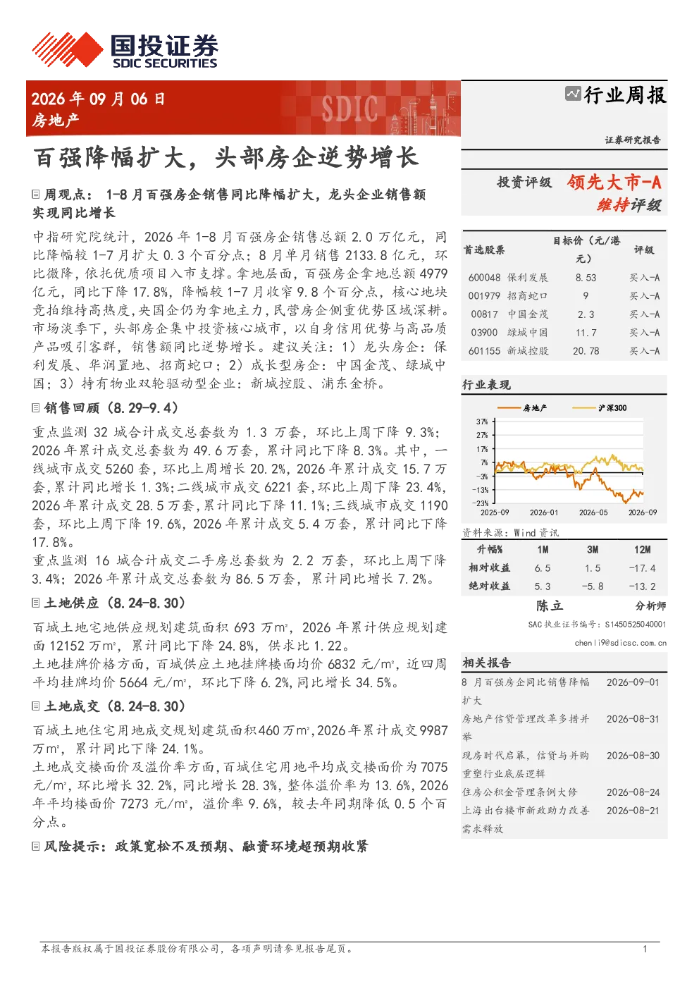房地产行业周报：百强降幅扩大，头部房企逆势增长