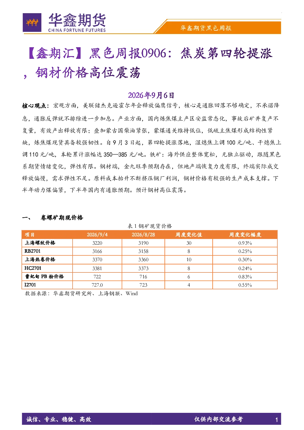 【鑫期汇】黑色周报：焦炭第四轮提涨，钢材价格高位震荡