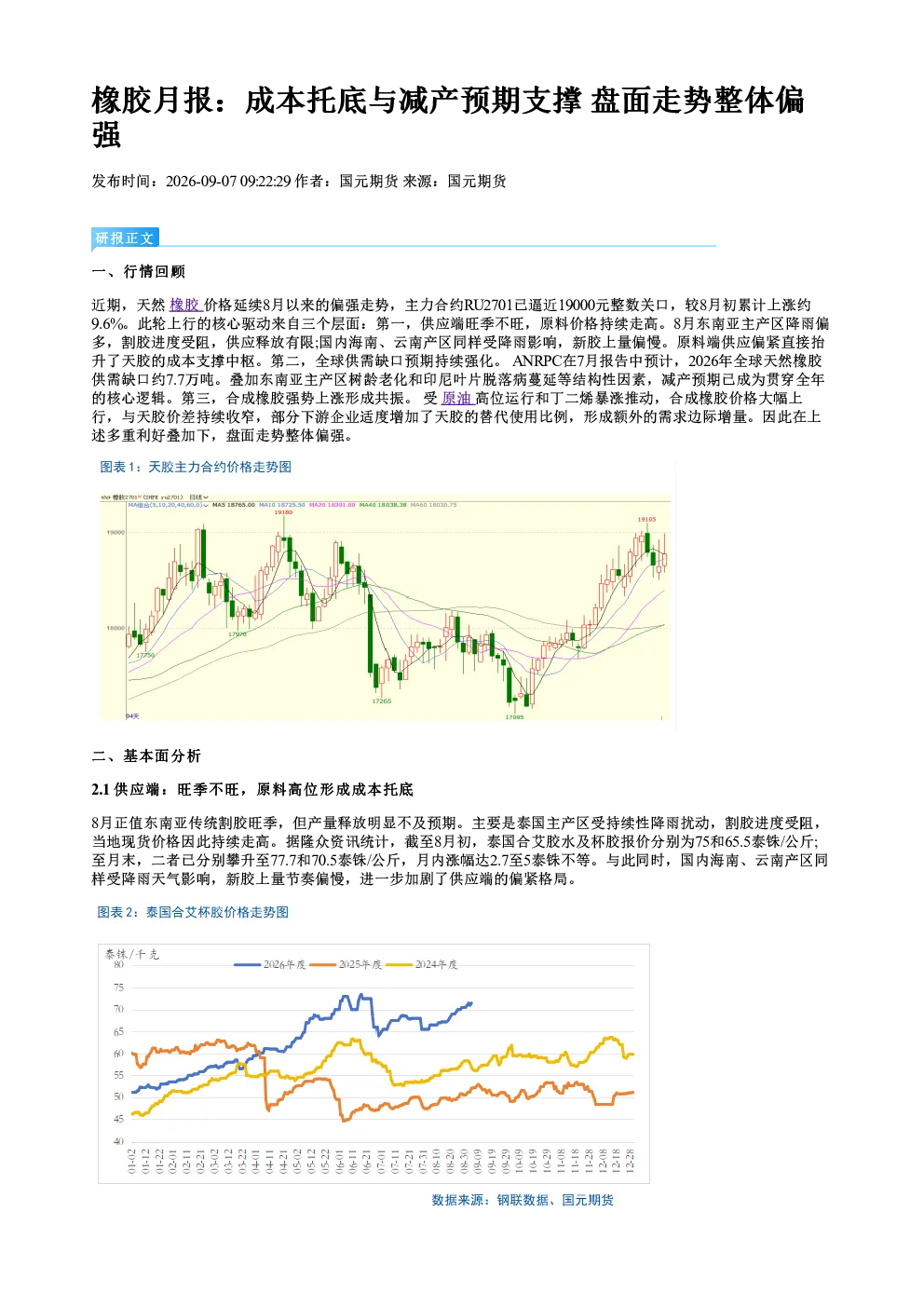 橡胶月报：成本托底与减产预期支撑 盘面走势整体偏强