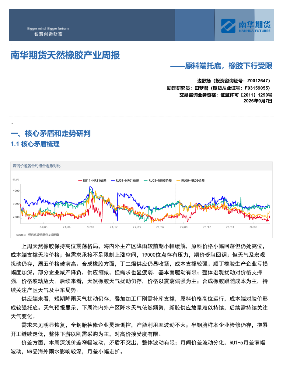 南华期货天然橡胶产业周报：原料端托底，橡胶下行受限20260907