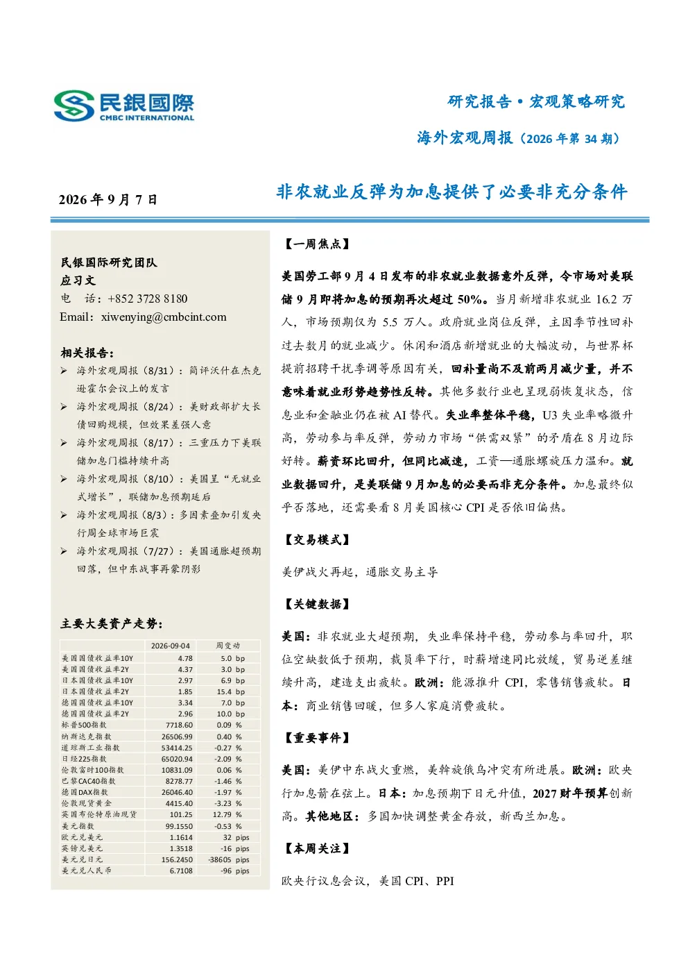 海外宏观周报（2026年第34期）非农就业反弹为加息提供了必要非充分条件