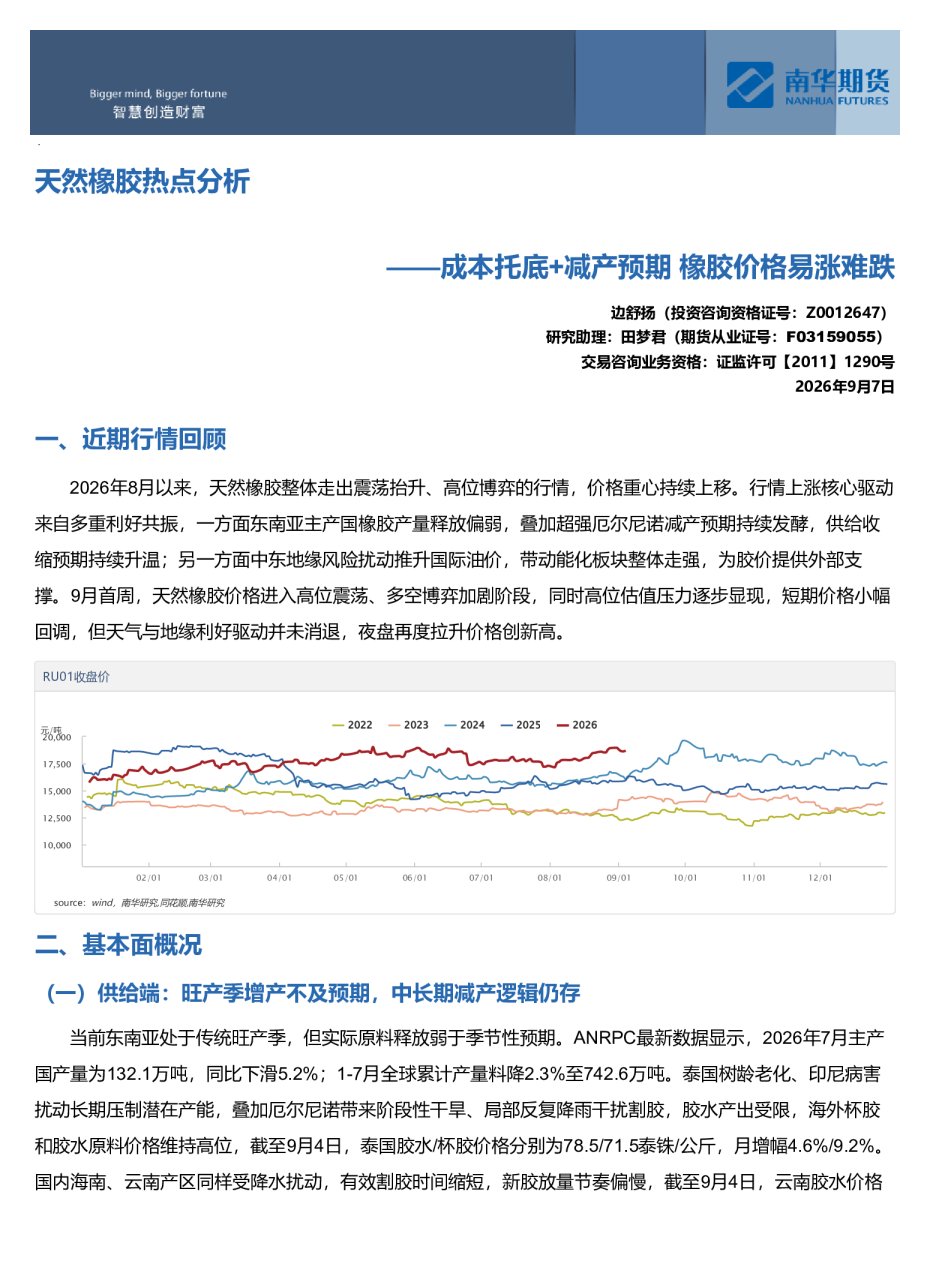 天然橡胶热点分析：成本托底+减产预期 橡胶价格易涨难跌