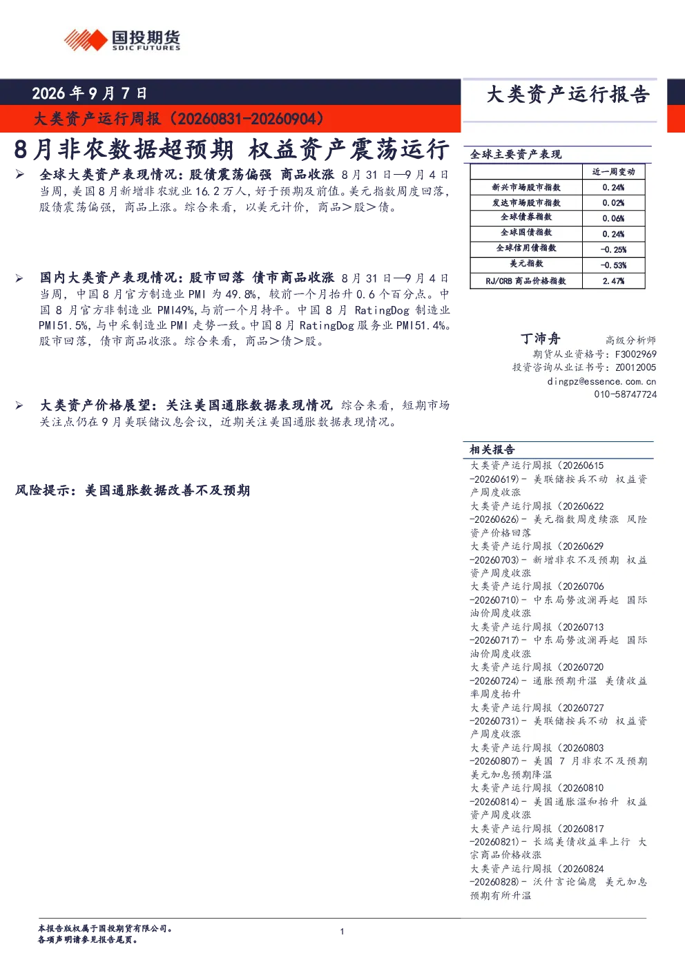 大类资产运行周报：8月非农数据超预期 权益资产震荡运行