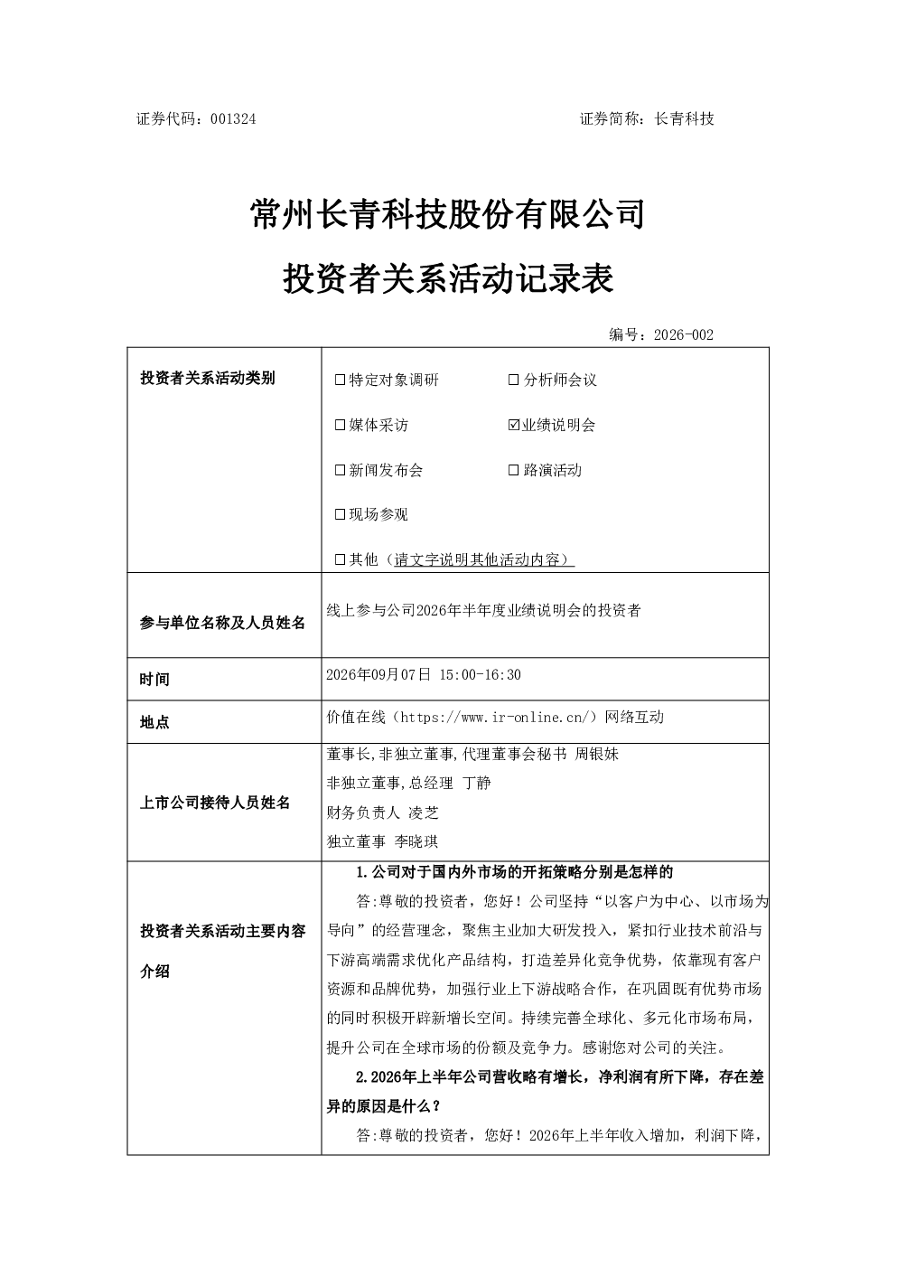 001324 长青科技 001324长青科技投资者关系管理信息20260907