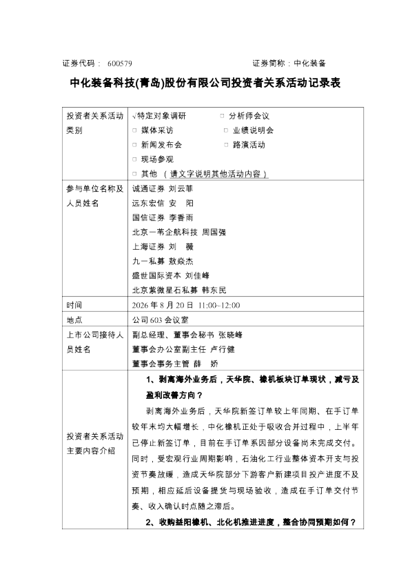 600579 中化装备 中化装备科技 青岛 股份有限公司投资者关系活动记录表