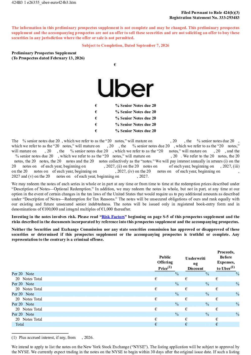 Uber美股招股说明书(2026-09-08版)
