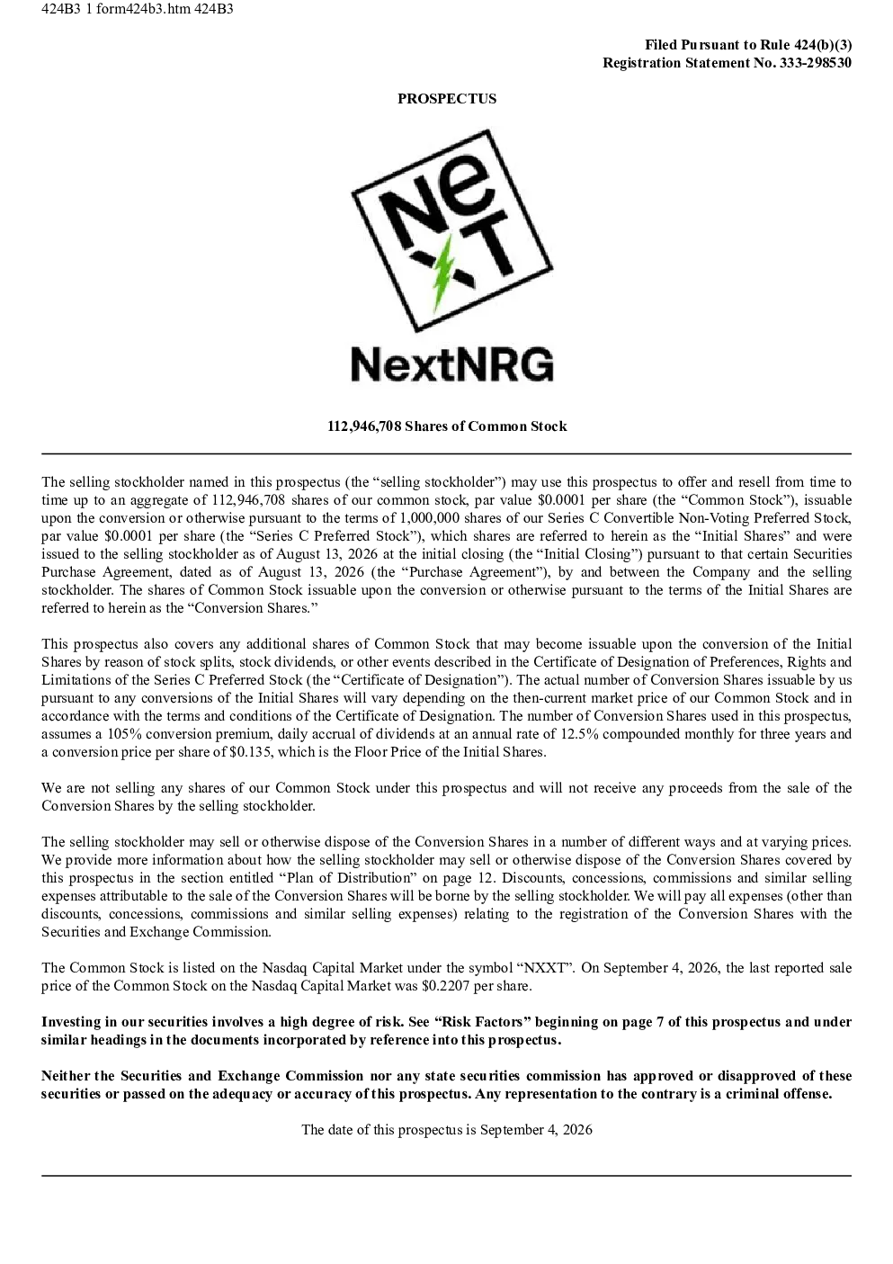 NextNRG美股招股说明书(2026-09-08版)