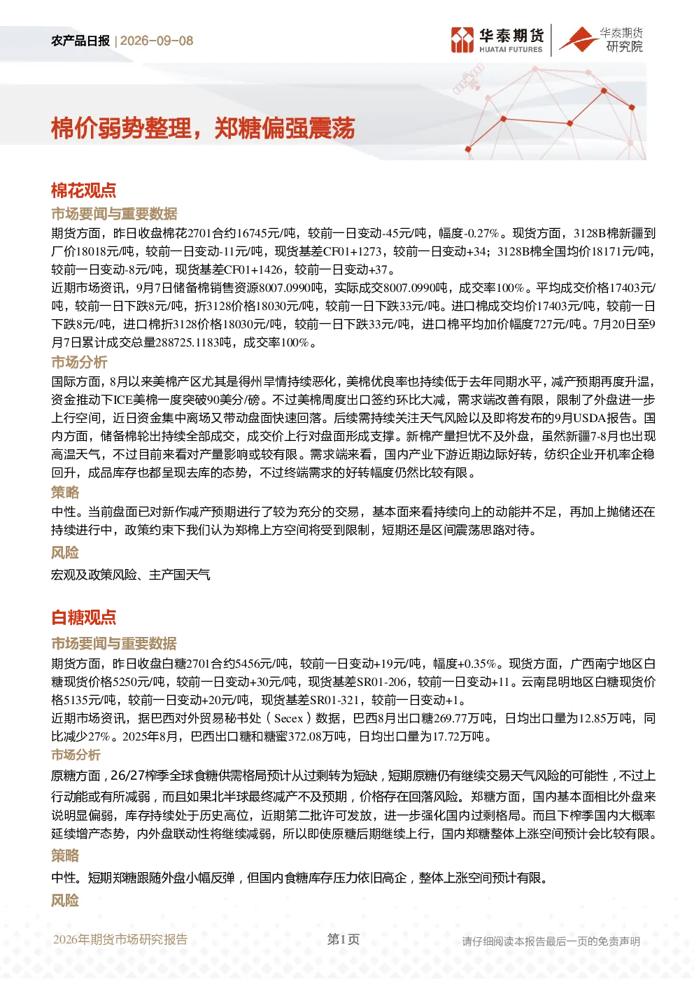 棉价弱势整理，郑糖偏强震荡