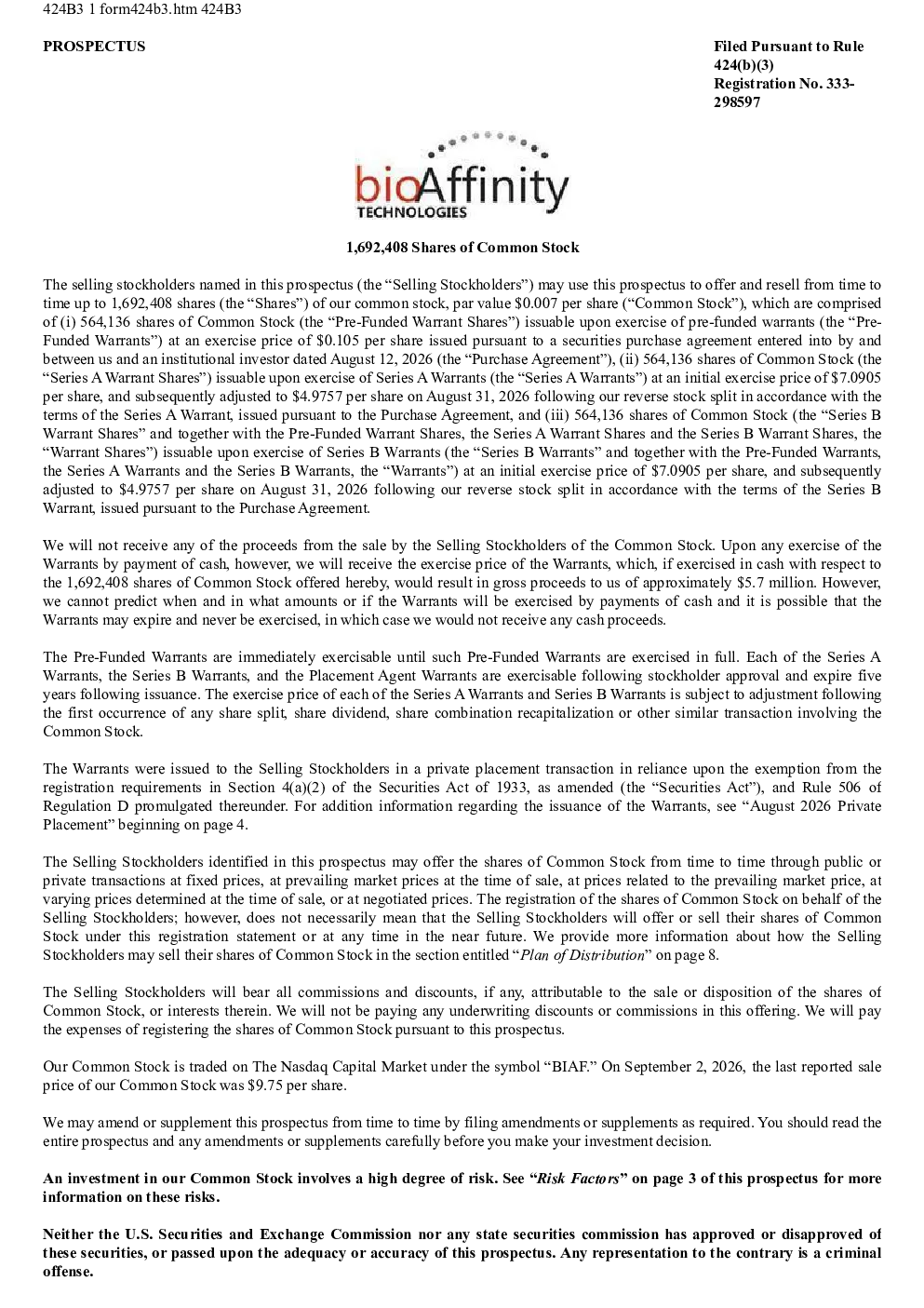 bioAffinity Technologies Inc美股招股说明书(2026-09-08版)