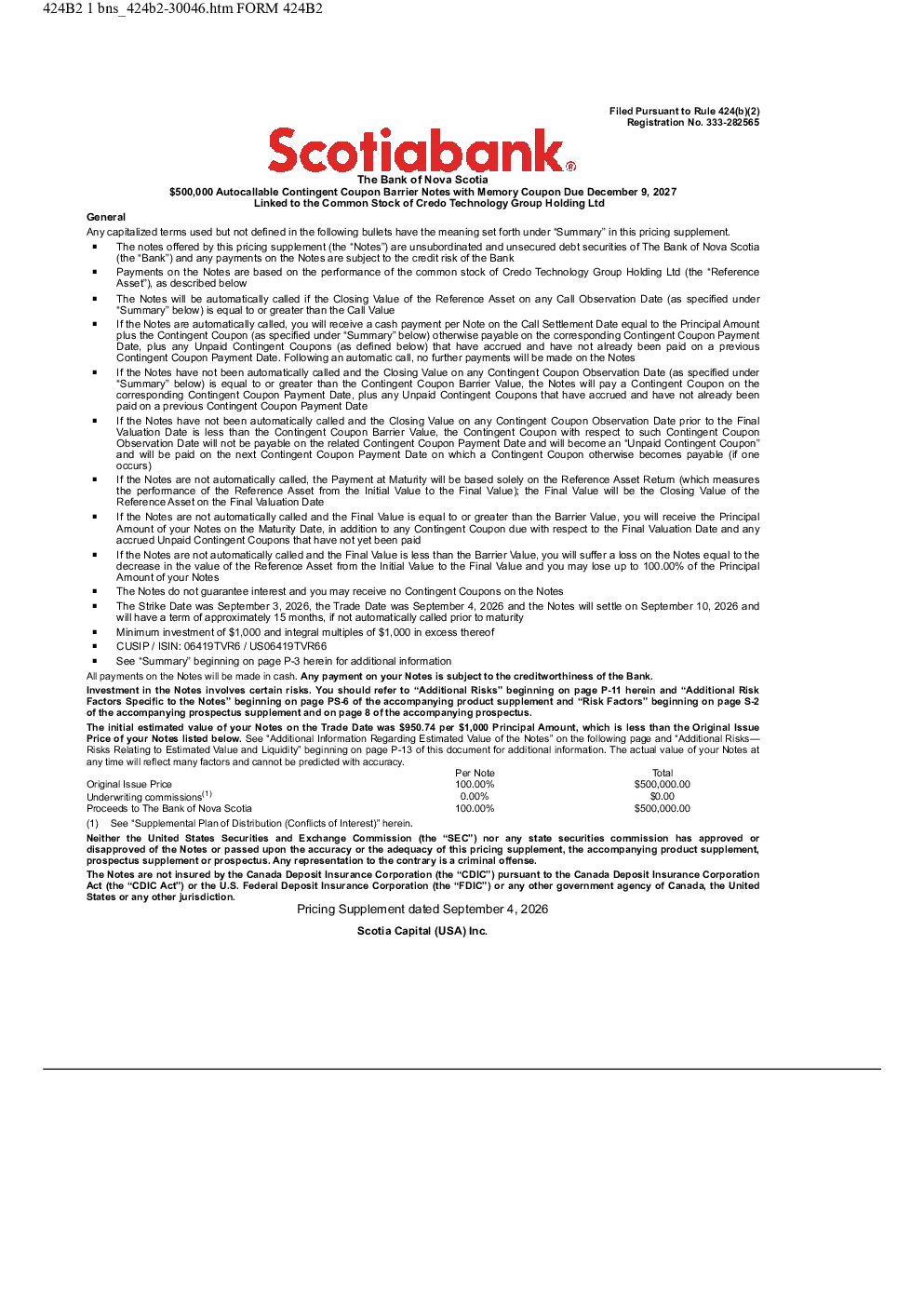 丰业银行美股招股说明书(2026-09-08版)