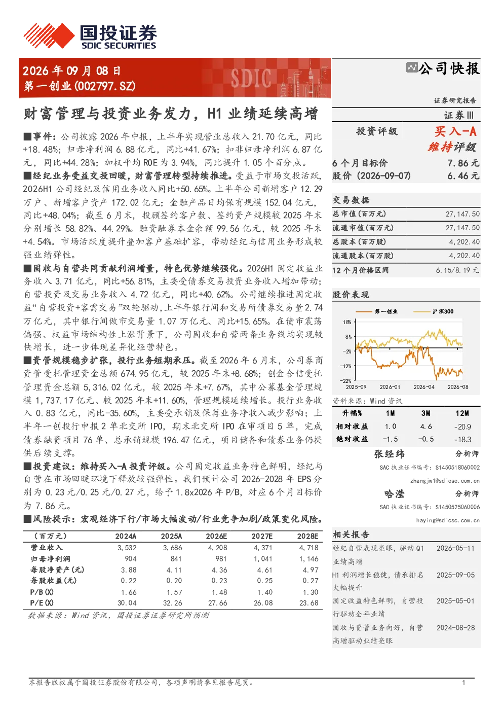 第一创业(002797.SZ) 公司快报：财富管理与投资业务发力，H1业绩延续高增
