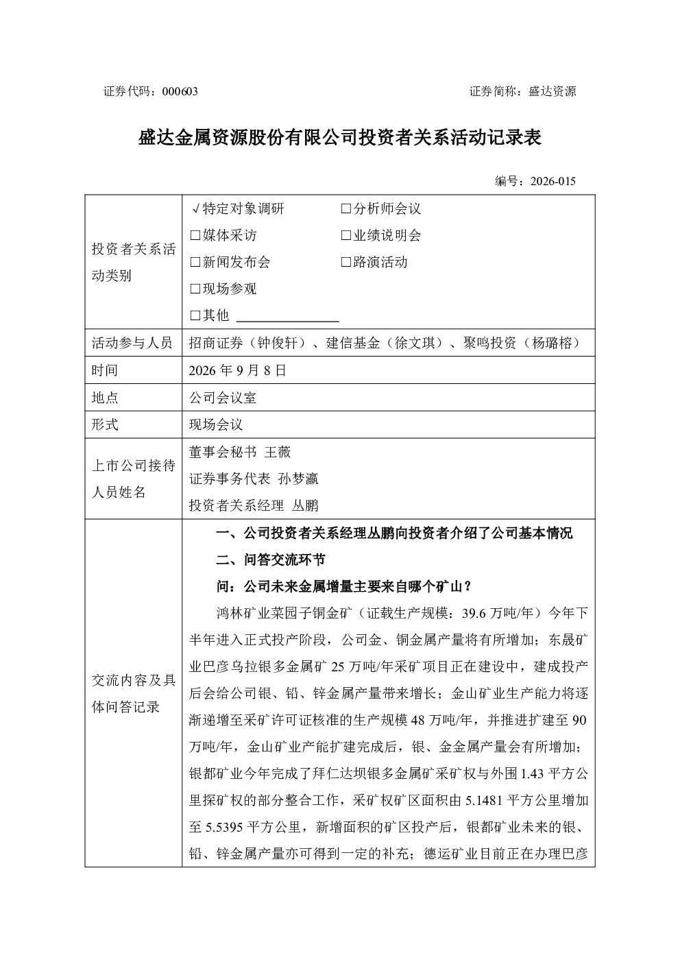 000603 盛达资源 000603盛达资源投资者关系管理信息20260908