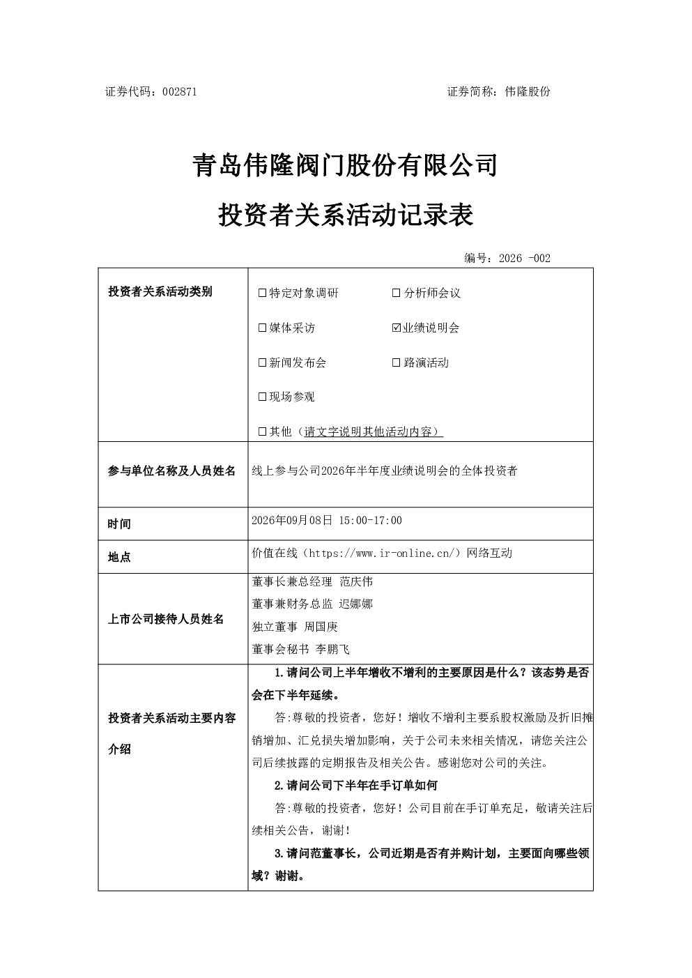 002871 伟隆股份 2026年09月08日投资者关系活动记录表