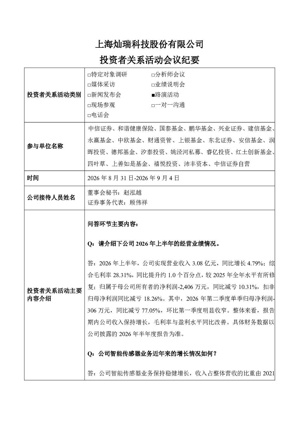 688061 灿瑞科技 投资者关系活动会议纪要20260904