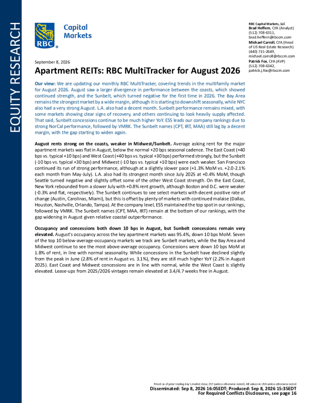 公寓REITs：RBC 2026年8月MultiTracker
