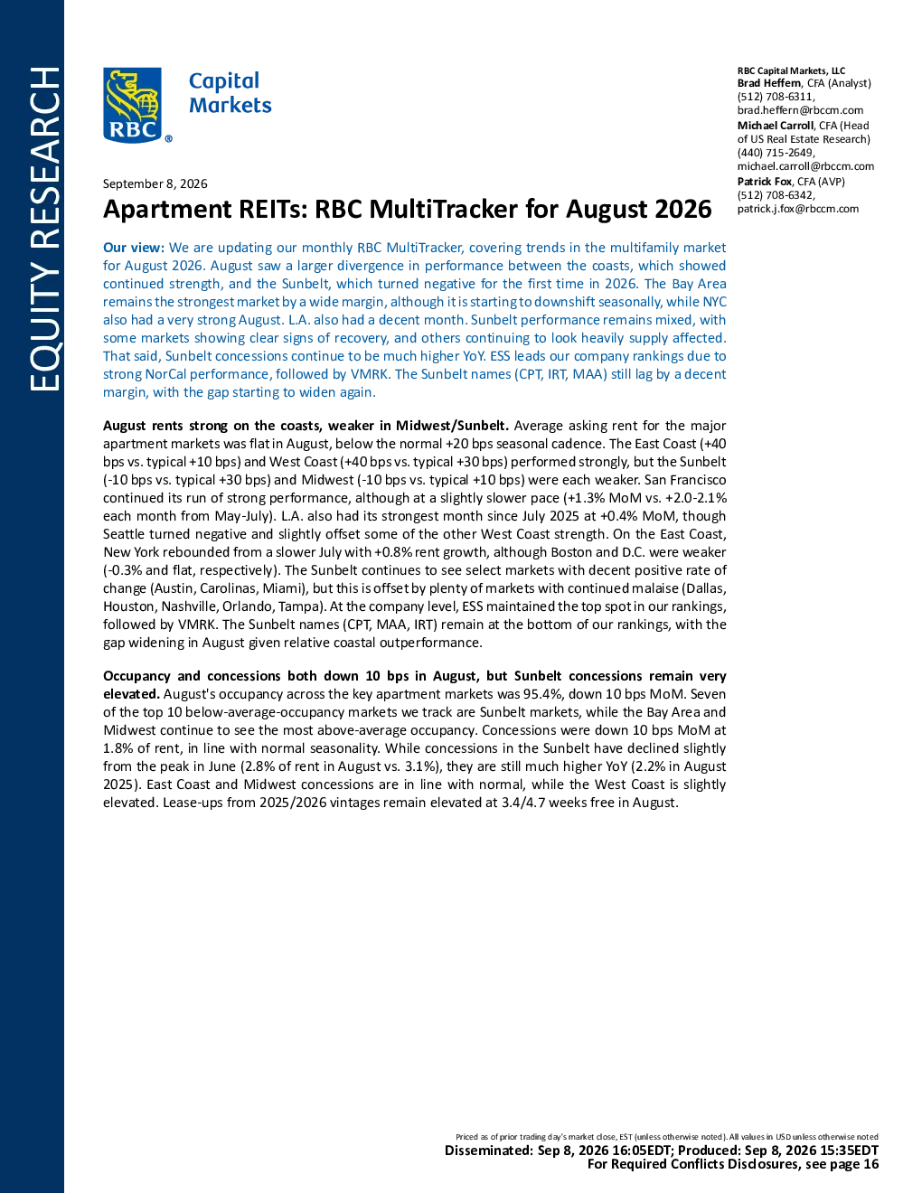 公寓REITs：RBC 2026年8月MultiTracker