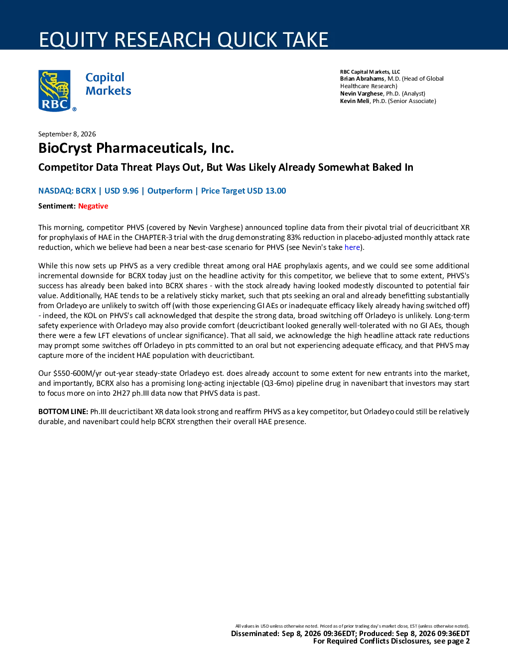 BioCryst（BCRX）：竞争对手数据威胁兑现，但可能已在一定程度上计入股价