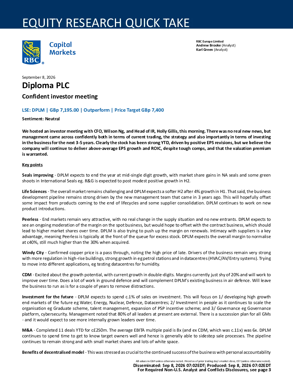 加拿大皇家银行_Diploma PLC（DPLM）：投资者会议显示信心