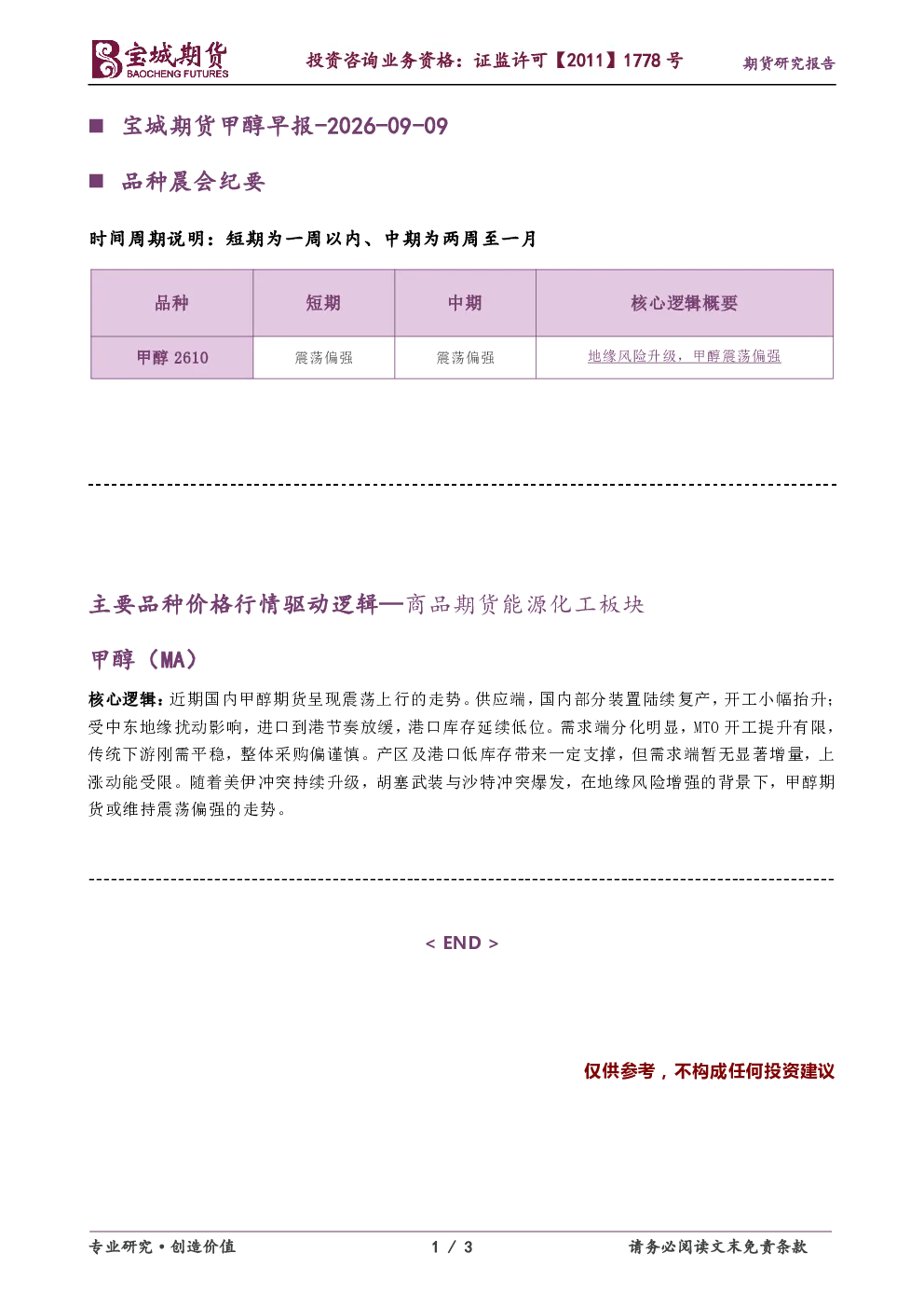 甲醇早报