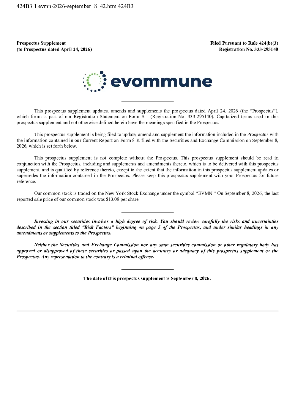 Evommune Inc美股招股说明书(2026-09-09版)