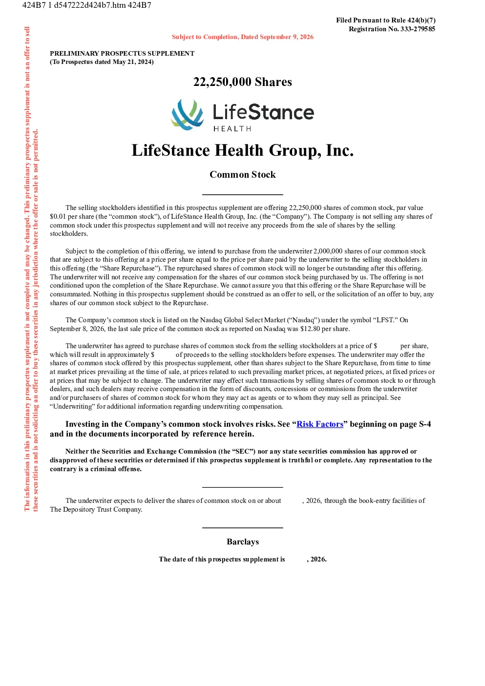 
LifeStance Health Group Inc. 美股招股说明书（2026年9月9日版）