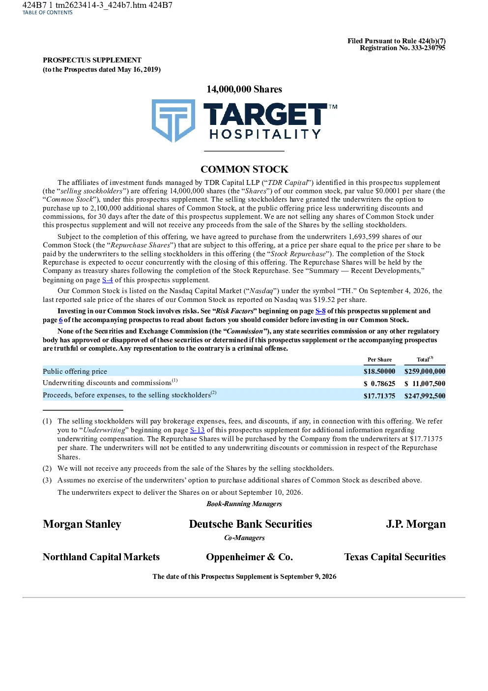 Target Hospitality Corp美股招股说明书（2026-09-09版）