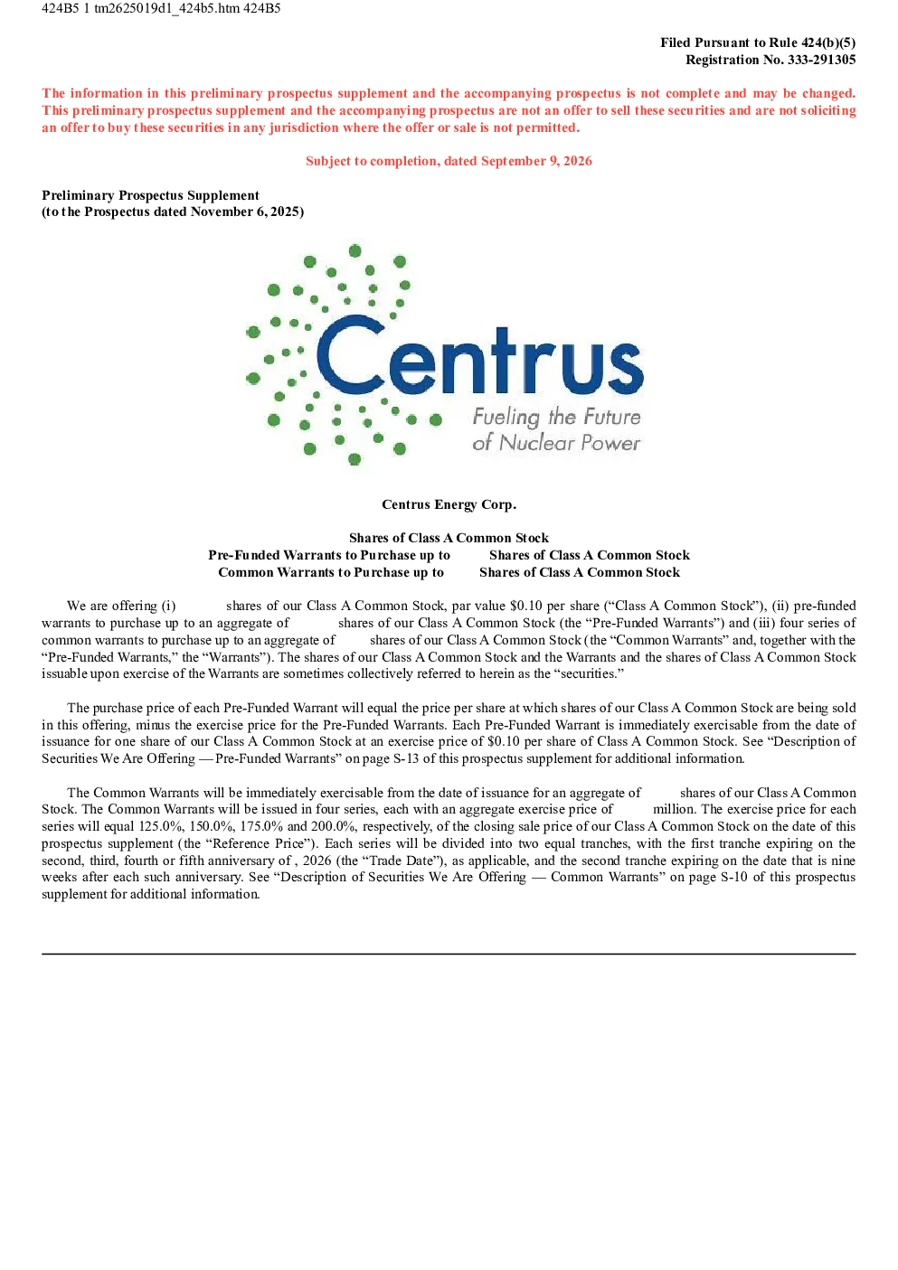 Centrus Energy Corp-A美股招股说明书(2026-09-09版)