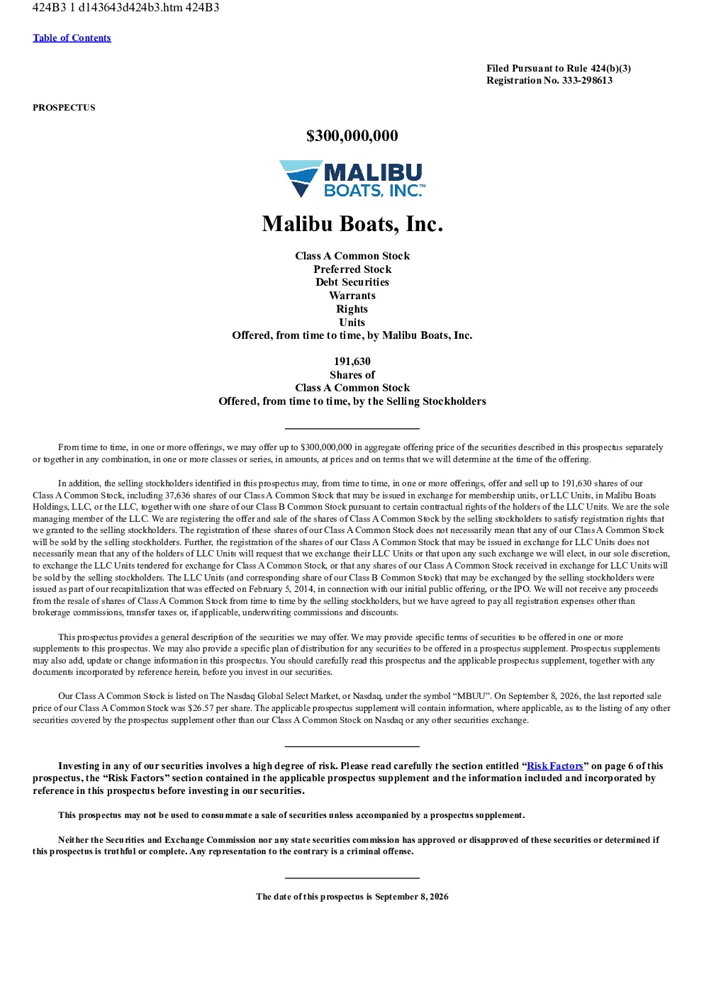 Malibu Boats Inc-A美股招股说明书(2026-09-10版)
