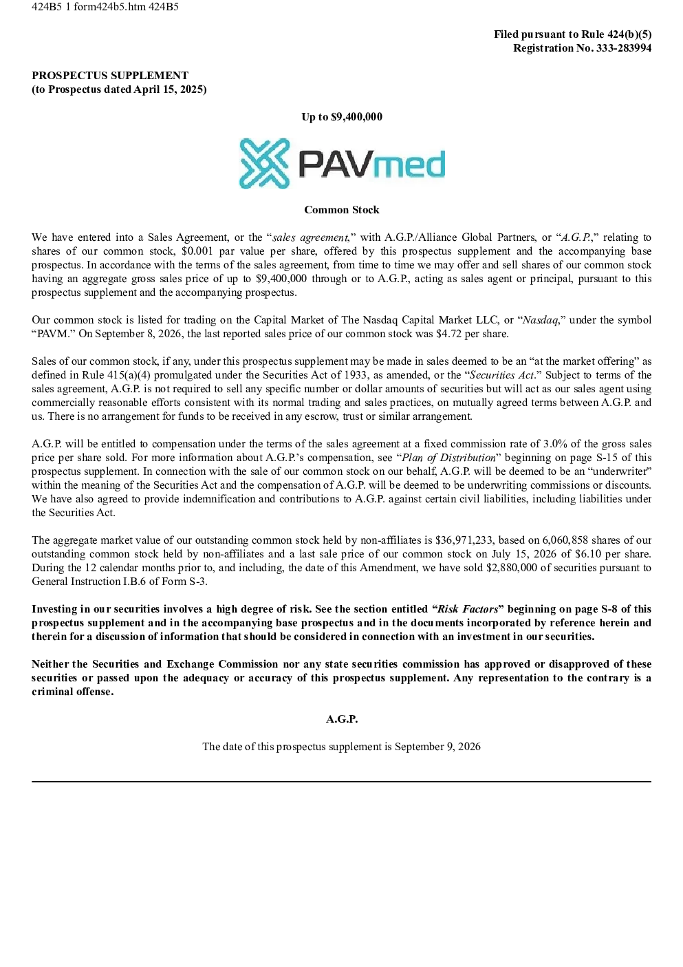 PAVmed Inc美股招股说明书(2026-09-10版)