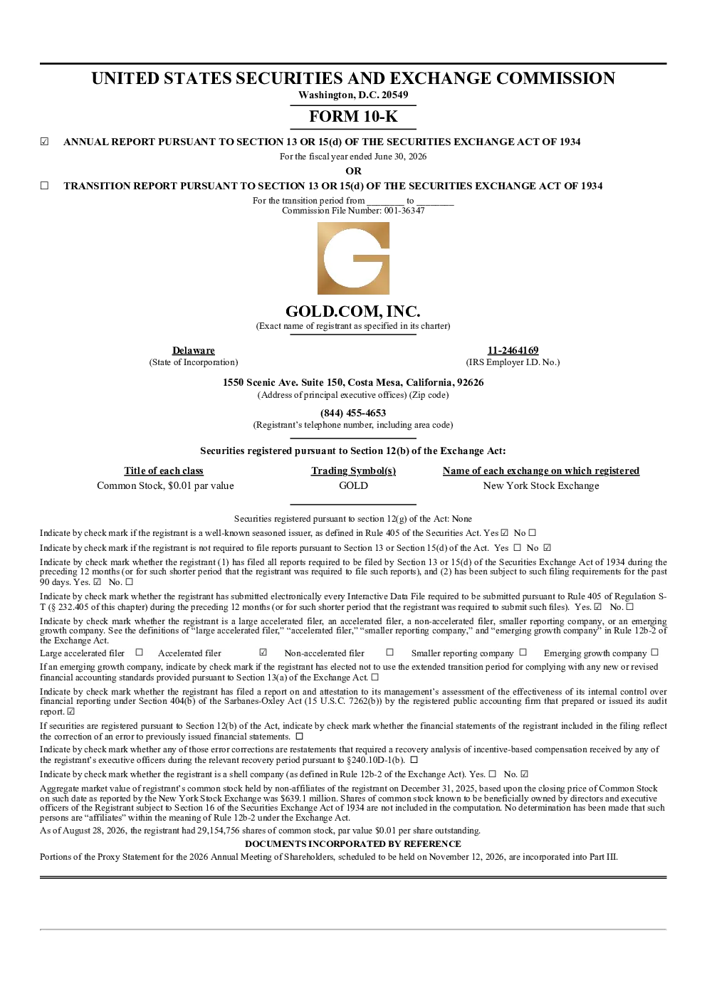 Gold.com Inc 2025年度报告