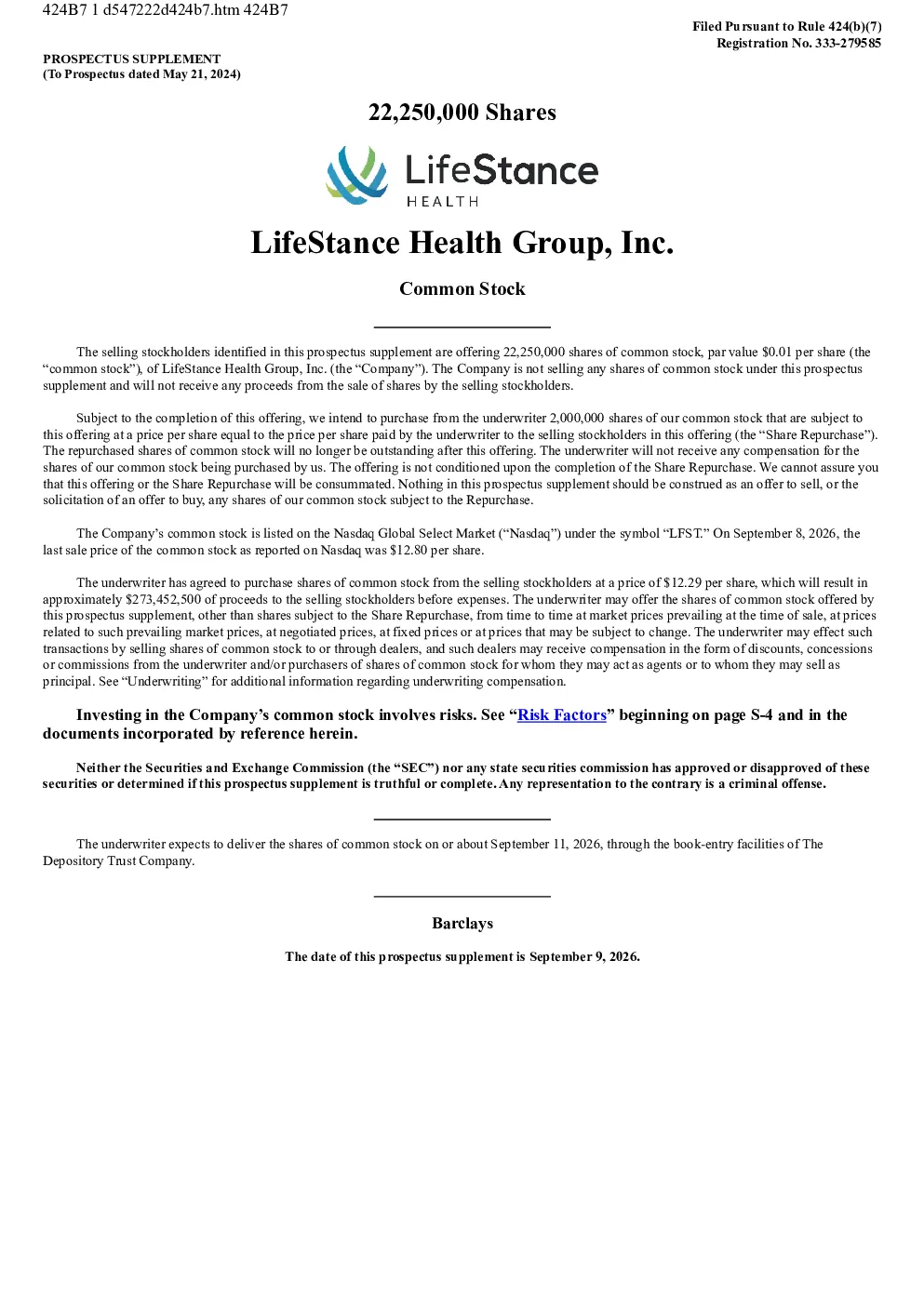 
LifeStance Health Group Inc. 美股招股说明书（2026-09-10版）