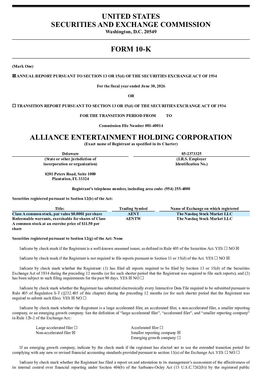 Alliance Entertainment Holding Corp-A 2025年度报告