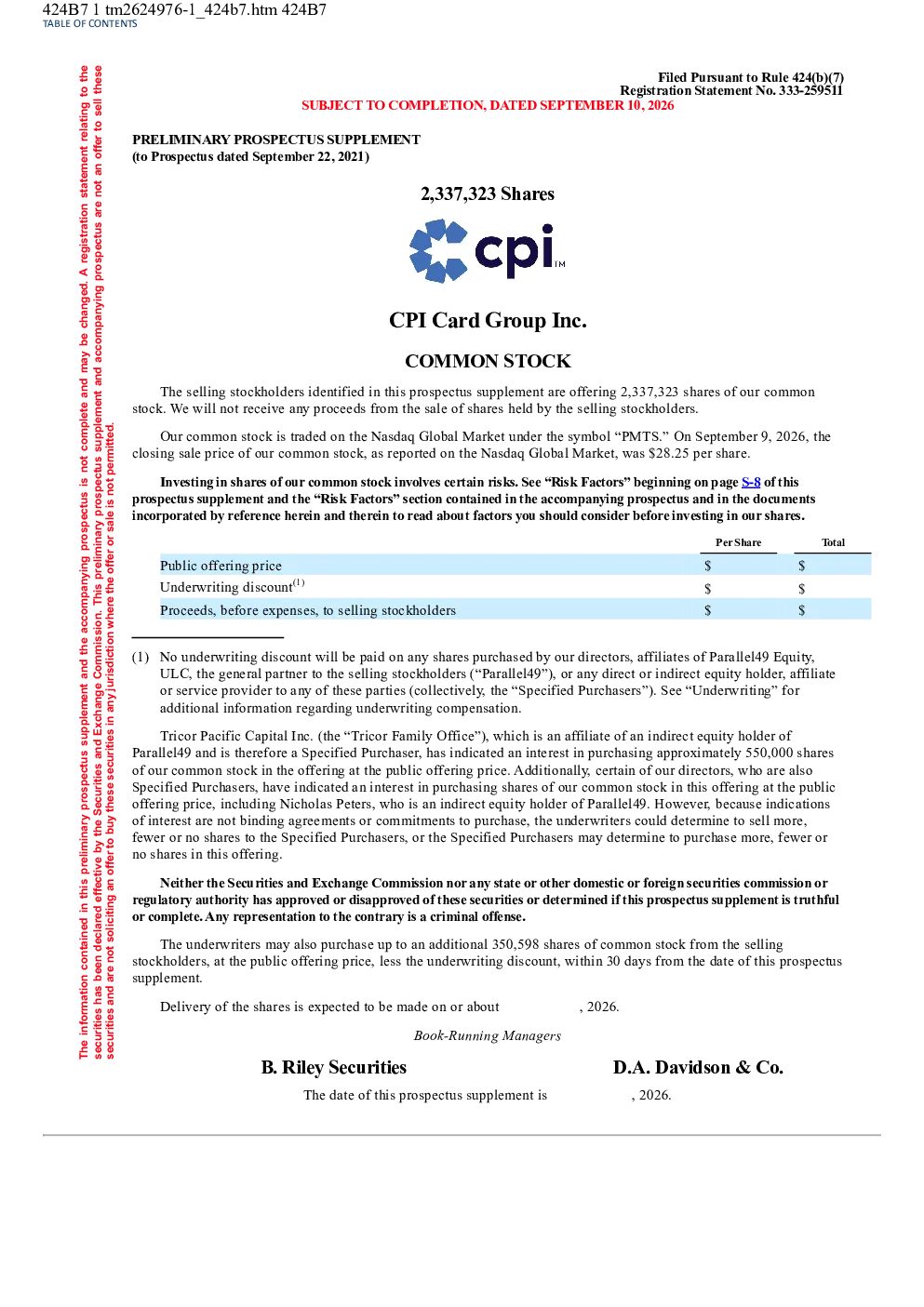 CPI Card Group Inc美股招股说明书(2026-09-10版)