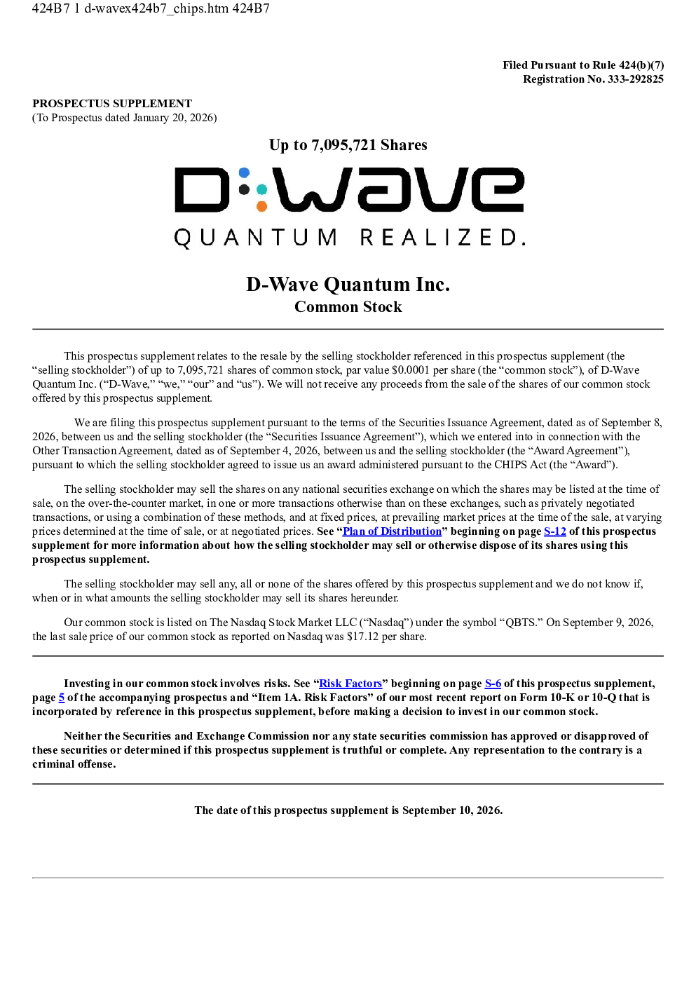 D-Wave Quantum Inc美股招股说明书(2026-09-10版)