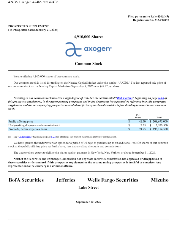 AxoGen Inc美股招股说明书(2026-09-10版)