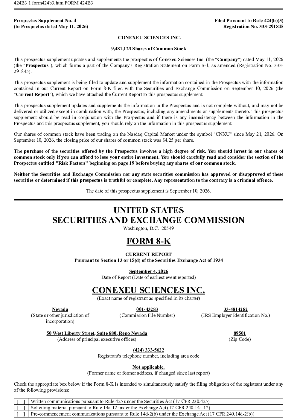 Conexeu Sciences Inc美股招股说明书(2026-09-10版)