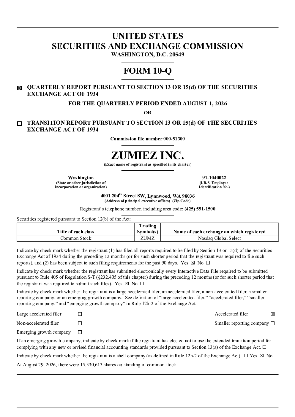 
Zumiez Inc 2026年季度报告