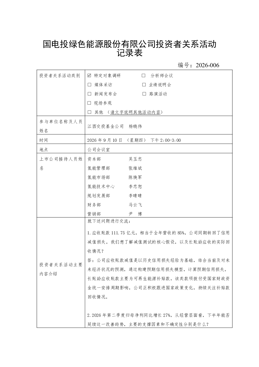 000875 电投绿能 000875电投绿能投资者关系管理信息20260910