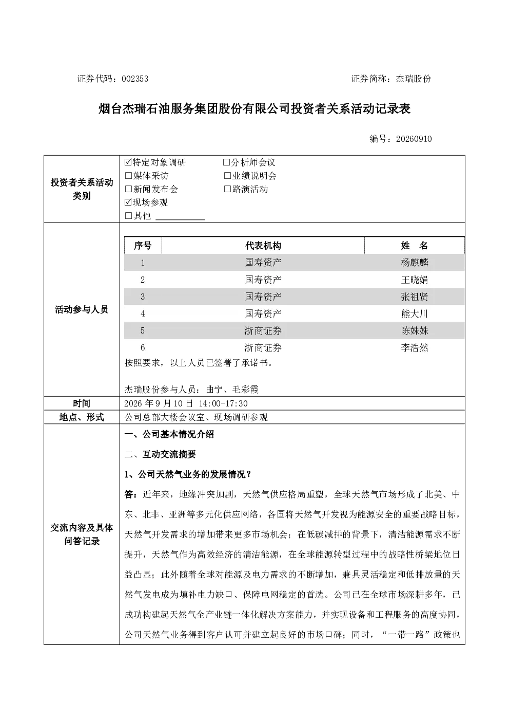 002353 杰瑞股份 2026年9月10日投资者关系活动记录表